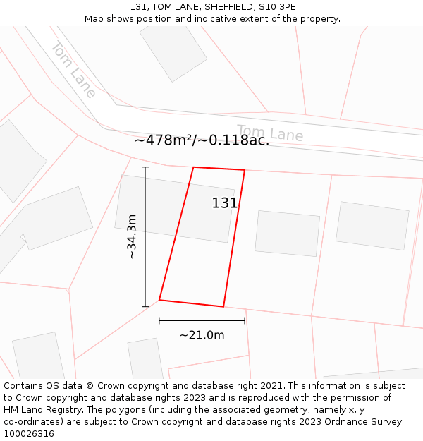 131, TOM LANE, SHEFFIELD, S10 3PE: Plot and title map