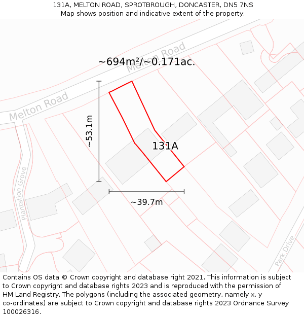 131A, MELTON ROAD, SPROTBROUGH, DONCASTER, DN5 7NS: Plot and title map
