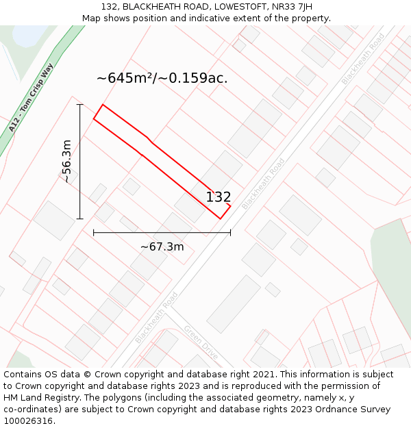 132, BLACKHEATH ROAD, LOWESTOFT, NR33 7JH: Plot and title map