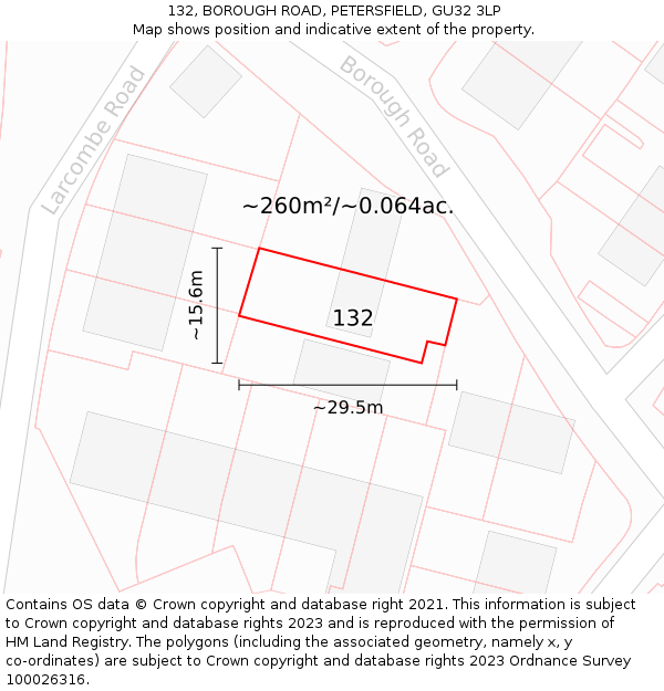 132, BOROUGH ROAD, PETERSFIELD, GU32 3LP: Plot and title map