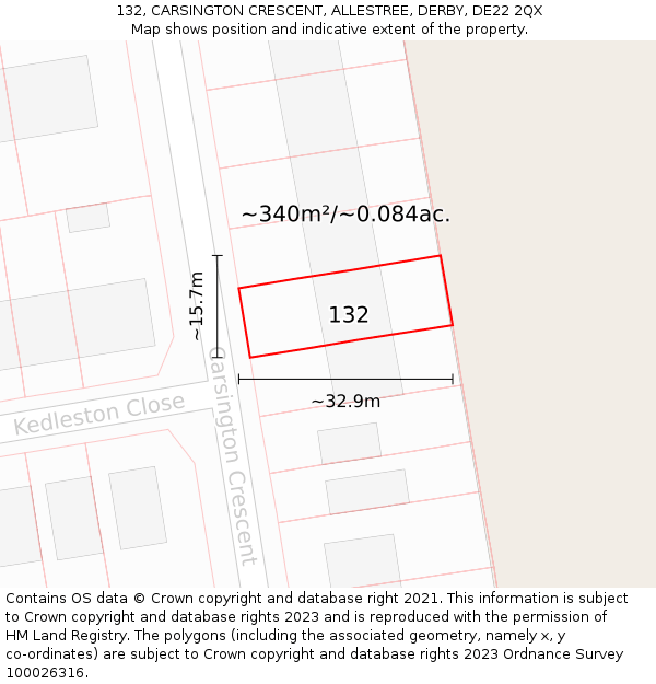 132, CARSINGTON CRESCENT, ALLESTREE, DERBY, DE22 2QX: Plot and title map