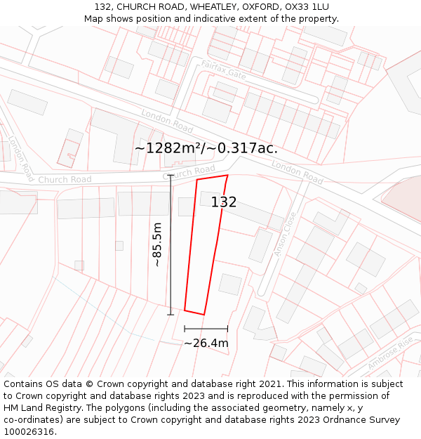132, CHURCH ROAD, WHEATLEY, OXFORD, OX33 1LU: Plot and title map