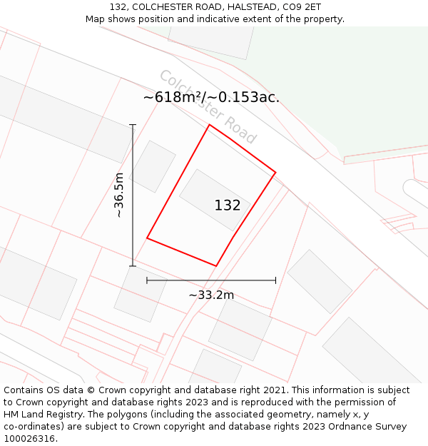 132, COLCHESTER ROAD, HALSTEAD, CO9 2ET: Plot and title map