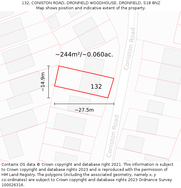 132, CONISTON ROAD, DRONFIELD WOODHOUSE, DRONFIELD, S18 8NZ: Plot and title map