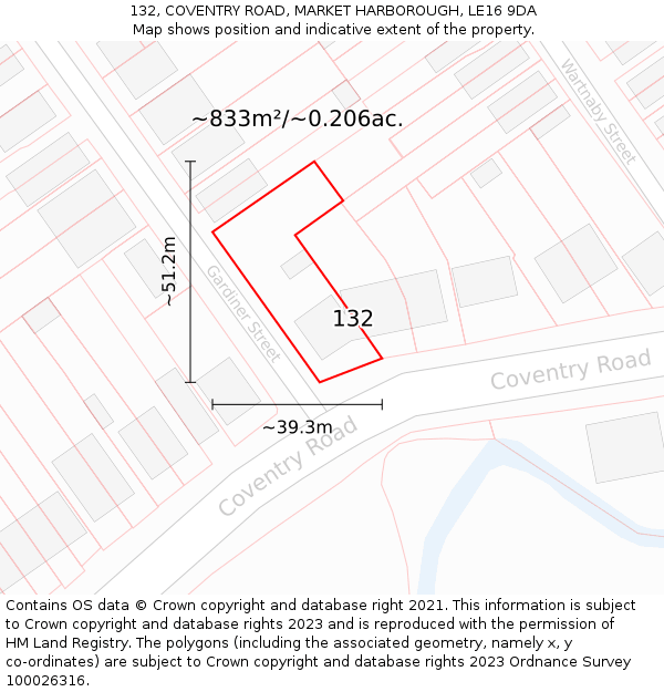 132, COVENTRY ROAD, MARKET HARBOROUGH, LE16 9DA: Plot and title map