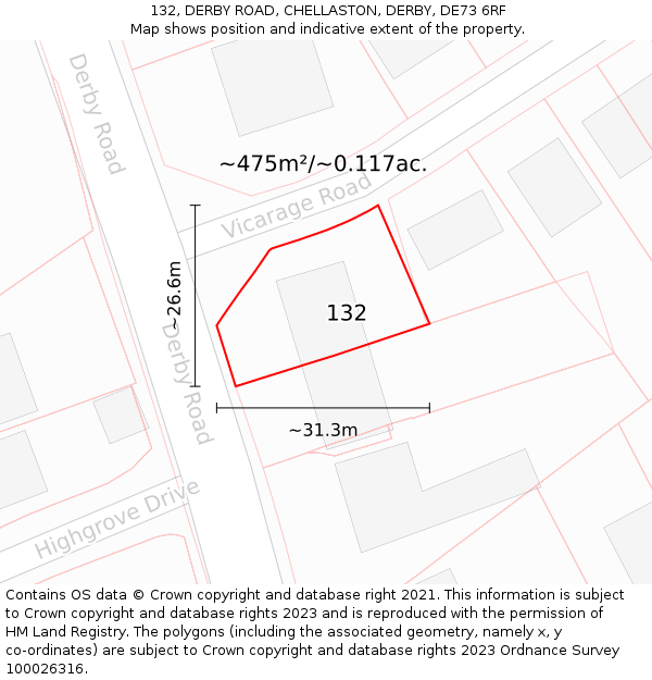 132, DERBY ROAD, CHELLASTON, DERBY, DE73 6RF: Plot and title map