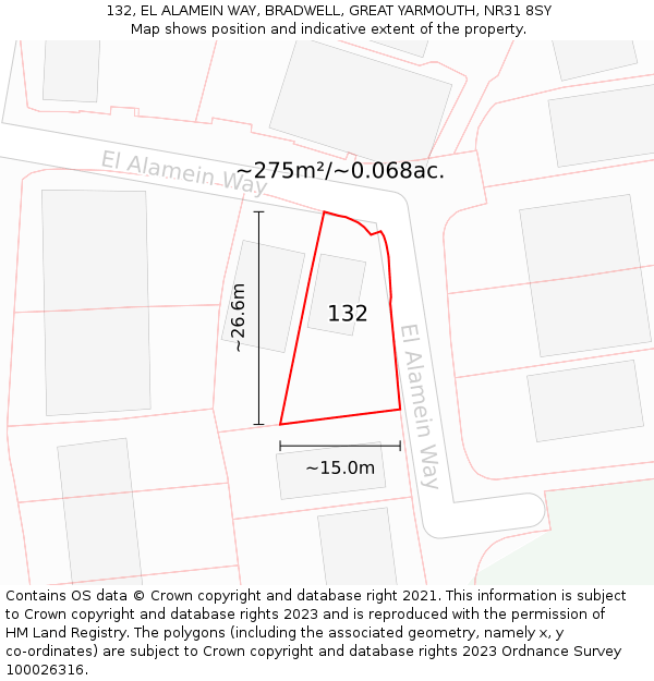132, EL ALAMEIN WAY, BRADWELL, GREAT YARMOUTH, NR31 8SY: Plot and title map