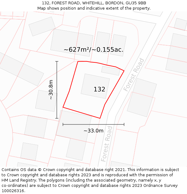 132, FOREST ROAD, WHITEHILL, BORDON, GU35 9BB: Plot and title map