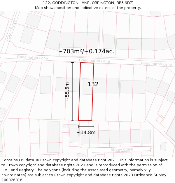 132, GODDINGTON LANE, ORPINGTON, BR6 9DZ: Plot and title map