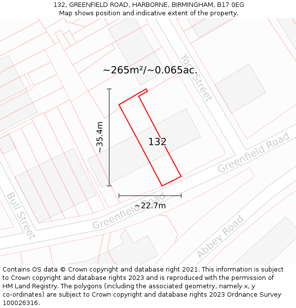 132, GREENFIELD ROAD, HARBORNE, BIRMINGHAM, B17 0EG: Plot and title map
