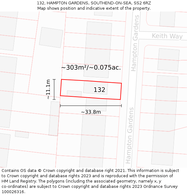 132, HAMPTON GARDENS, SOUTHEND-ON-SEA, SS2 6RZ: Plot and title map