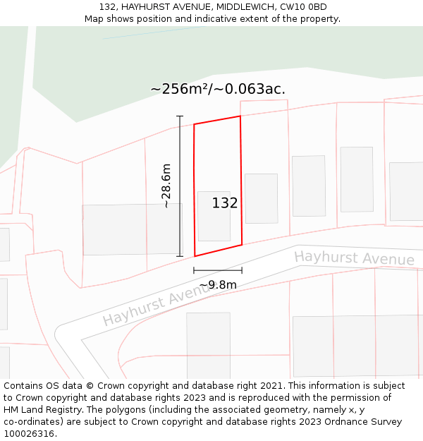 132, HAYHURST AVENUE, MIDDLEWICH, CW10 0BD: Plot and title map