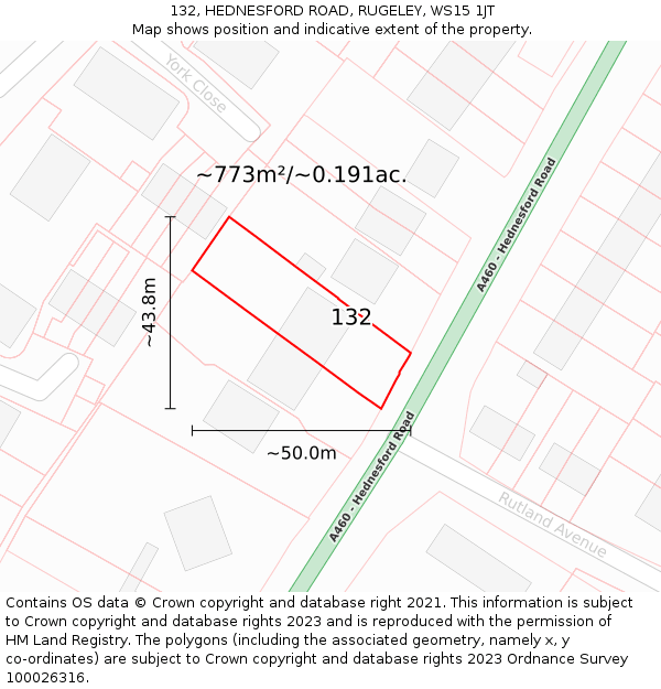 132, HEDNESFORD ROAD, RUGELEY, WS15 1JT: Plot and title map
