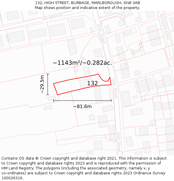 132, HIGH STREET, BURBAGE, MARLBOROUGH, SN8 3AB: Plot and title map