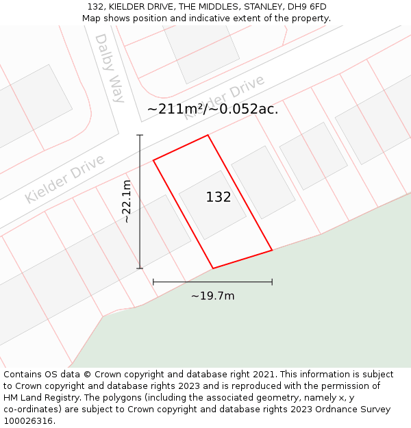 132, KIELDER DRIVE, THE MIDDLES, STANLEY, DH9 6FD: Plot and title map