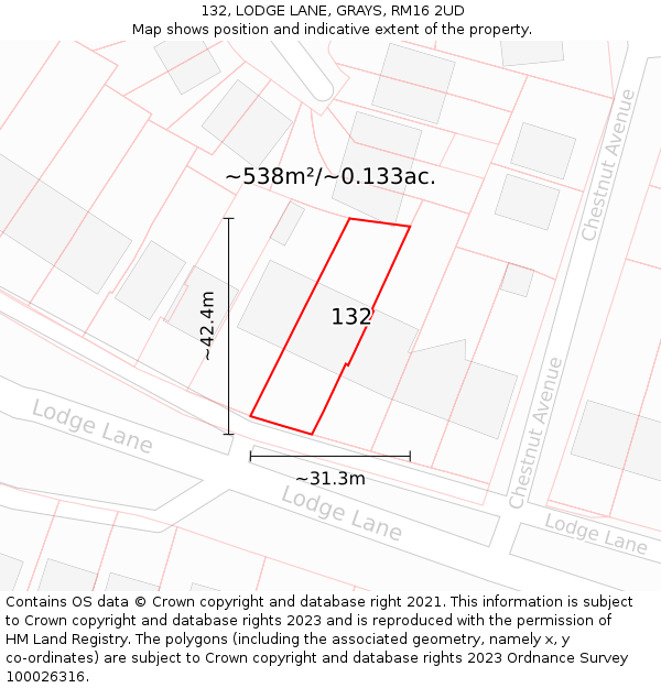 132, LODGE LANE, GRAYS, RM16 2UD: Plot and title map