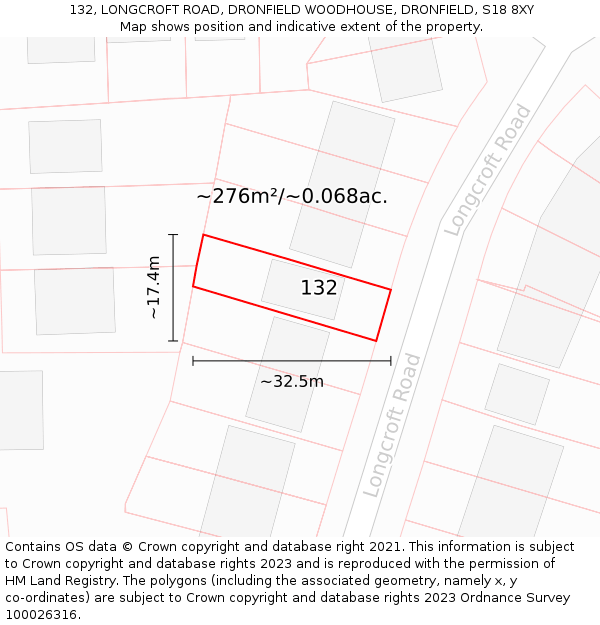 132, LONGCROFT ROAD, DRONFIELD WOODHOUSE, DRONFIELD, S18 8XY: Plot and title map