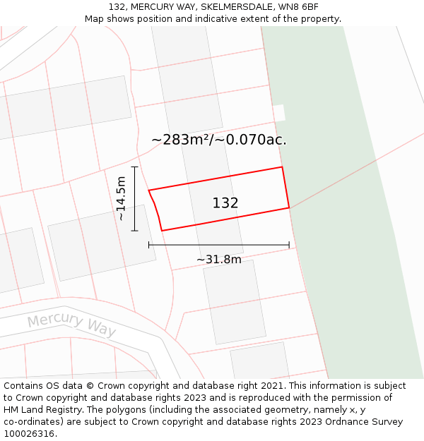 132, MERCURY WAY, SKELMERSDALE, WN8 6BF: Plot and title map