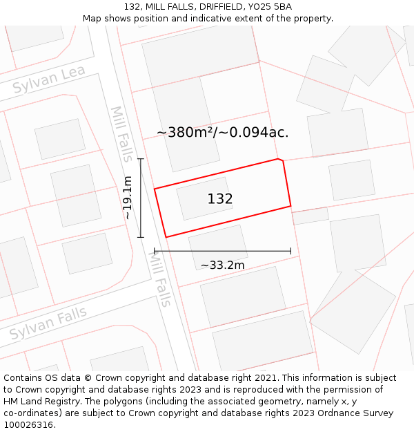 132, MILL FALLS, DRIFFIELD, YO25 5BA: Plot and title map