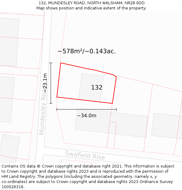 132, MUNDESLEY ROAD, NORTH WALSHAM, NR28 0DD: Plot and title map