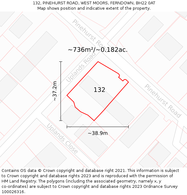 132, PINEHURST ROAD, WEST MOORS, FERNDOWN, BH22 0AT: Plot and title map