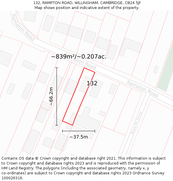 132, RAMPTON ROAD, WILLINGHAM, CAMBRIDGE, CB24 5JF: Plot and title map