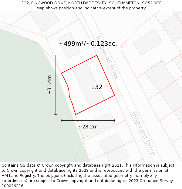 132, RINGWOOD DRIVE, NORTH BADDESLEY, SOUTHAMPTON, SO52 9GP: Plot and title map
