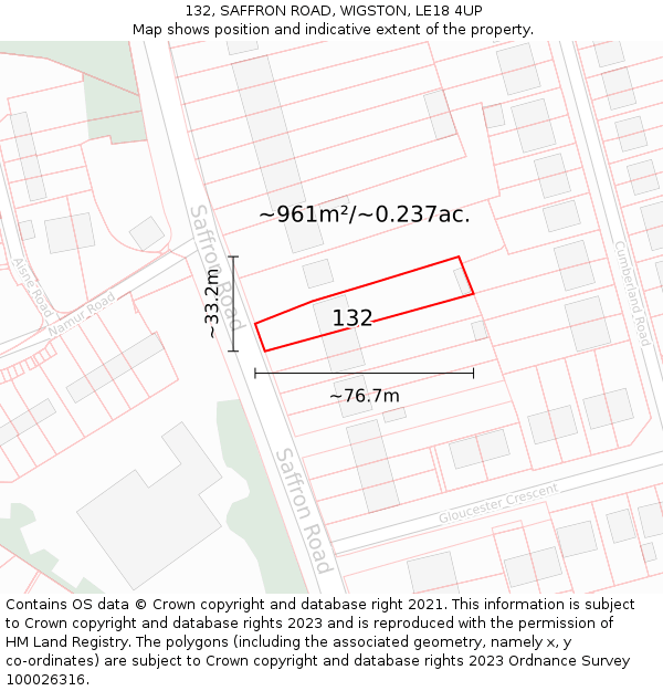 132, SAFFRON ROAD, WIGSTON, LE18 4UP: Plot and title map