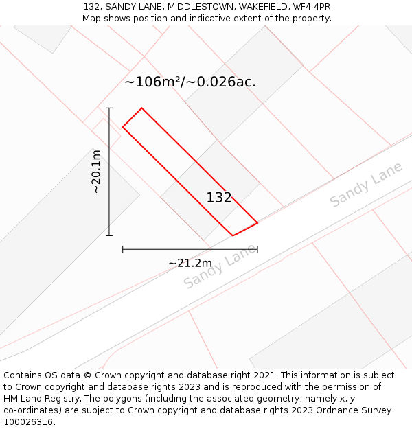 132, SANDY LANE, MIDDLESTOWN, WAKEFIELD, WF4 4PR: Plot and title map