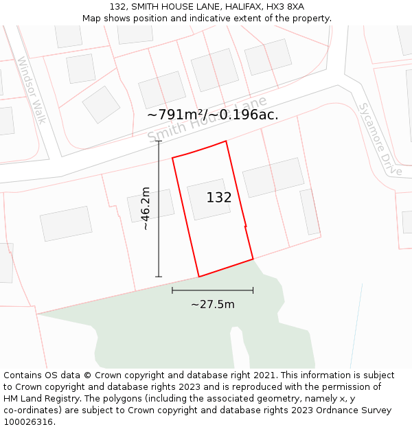 132, SMITH HOUSE LANE, HALIFAX, HX3 8XA: Plot and title map