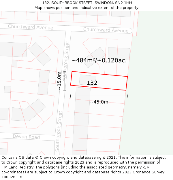 132, SOUTHBROOK STREET, SWINDON, SN2 1HH: Plot and title map