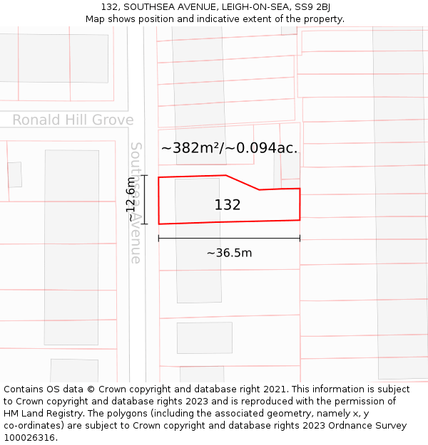 132, SOUTHSEA AVENUE, LEIGH-ON-SEA, SS9 2BJ: Plot and title map