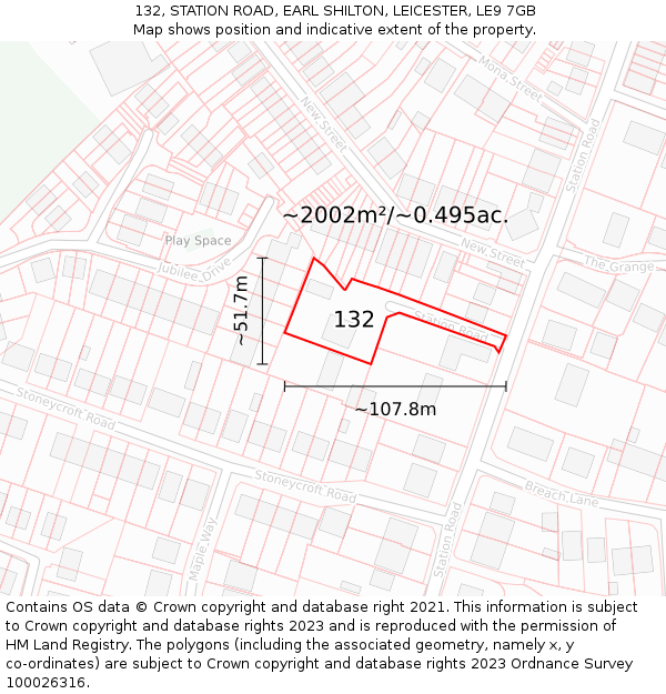132, STATION ROAD, EARL SHILTON, LEICESTER, LE9 7GB: Plot and title map