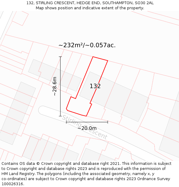 132, STIRLING CRESCENT, HEDGE END, SOUTHAMPTON, SO30 2AL: Plot and title map