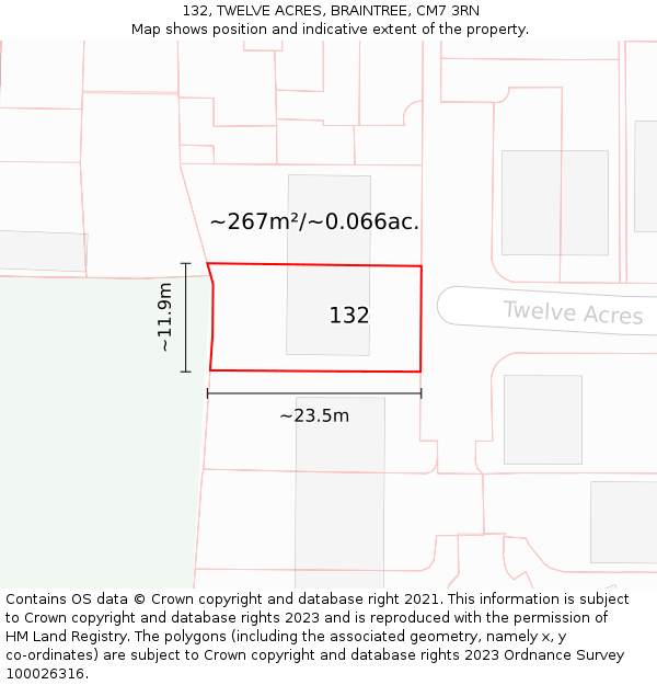 132, TWELVE ACRES, BRAINTREE, CM7 3RN: Plot and title map