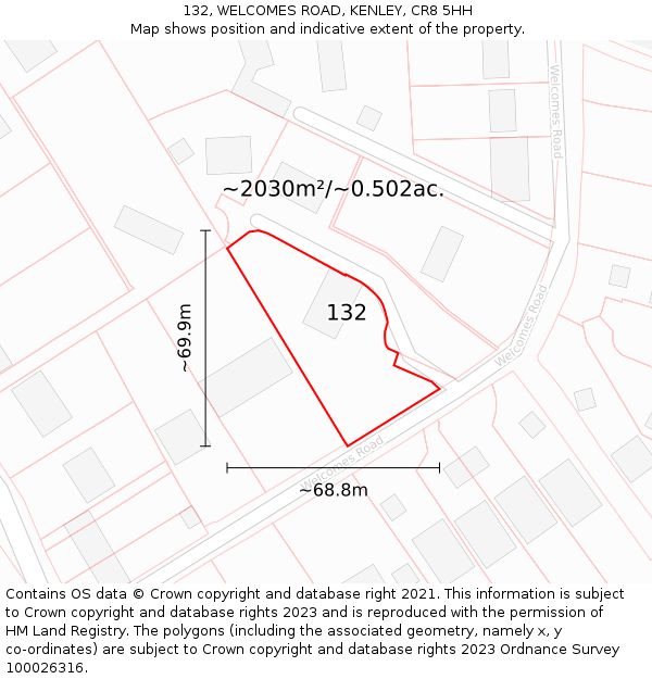 132, WELCOMES ROAD, KENLEY, CR8 5HH: Plot and title map