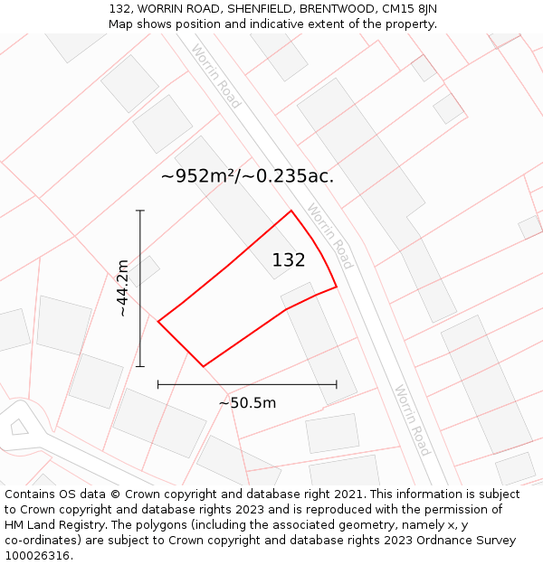 132, WORRIN ROAD, SHENFIELD, BRENTWOOD, CM15 8JN: Plot and title map