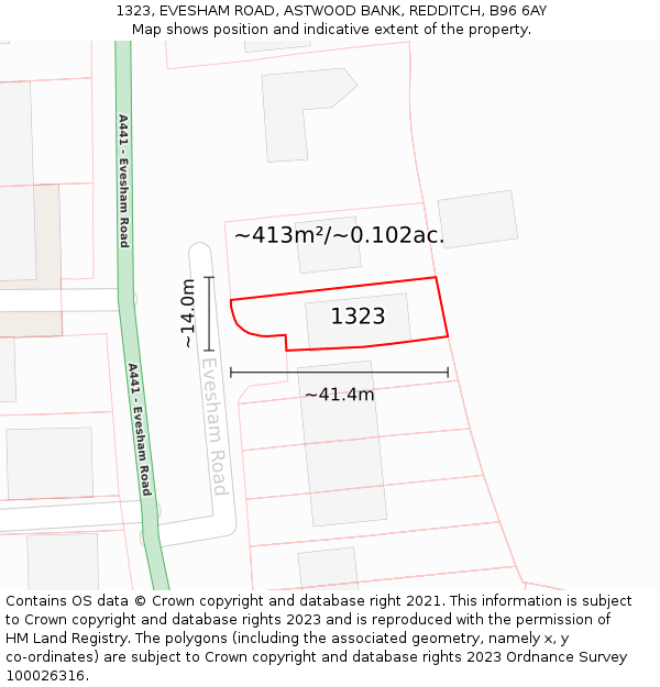 1323, EVESHAM ROAD, ASTWOOD BANK, REDDITCH, B96 6AY: Plot and title map