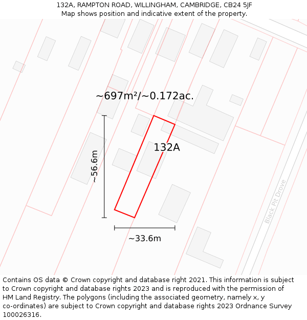 132A, RAMPTON ROAD, WILLINGHAM, CAMBRIDGE, CB24 5JF: Plot and title map
