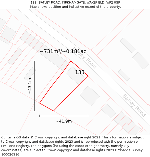 133, BATLEY ROAD, KIRKHAMGATE, WAKEFIELD, WF2 0SP: Plot and title map