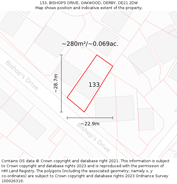 133, BISHOPS DRIVE, OAKWOOD, DERBY, DE21 2DW: Plot and title map