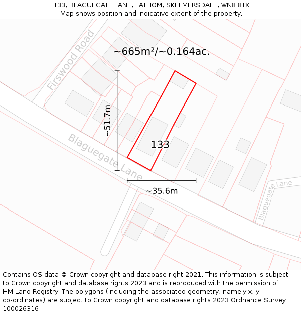 133, BLAGUEGATE LANE, LATHOM, SKELMERSDALE, WN8 8TX: Plot and title map