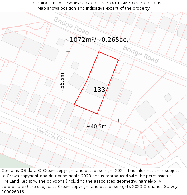 133, BRIDGE ROAD, SARISBURY GREEN, SOUTHAMPTON, SO31 7EN: Plot and title map
