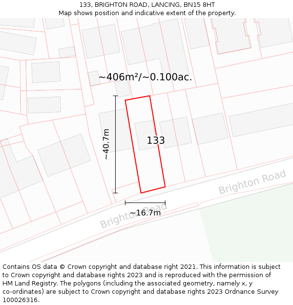 133, BRIGHTON ROAD, LANCING, BN15 8HT: Plot and title map