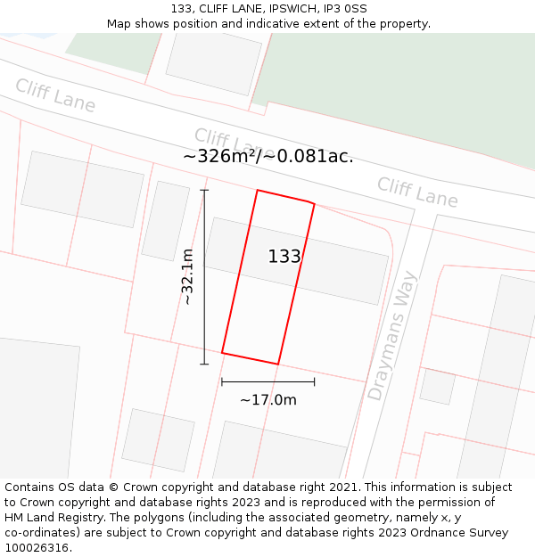 133, CLIFF LANE, IPSWICH, IP3 0SS: Plot and title map