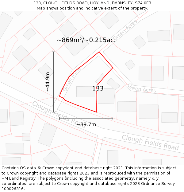 133, CLOUGH FIELDS ROAD, HOYLAND, BARNSLEY, S74 0ER: Plot and title map