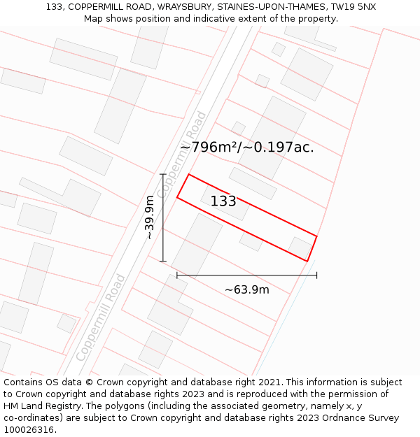 133, COPPERMILL ROAD, WRAYSBURY, STAINES-UPON-THAMES, TW19 5NX: Plot and title map