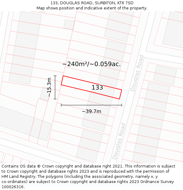 133, DOUGLAS ROAD, SURBITON, KT6 7SD: Plot and title map