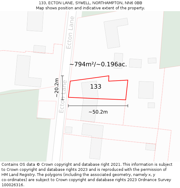 133, ECTON LANE, SYWELL, NORTHAMPTON, NN6 0BB: Plot and title map