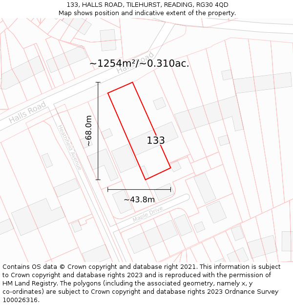 133, HALLS ROAD, TILEHURST, READING, RG30 4QD: Plot and title map